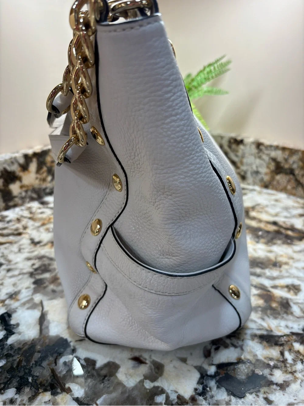 Michael Kors White Pebbled Leather Shoulder Tote with Gold Chain Detail